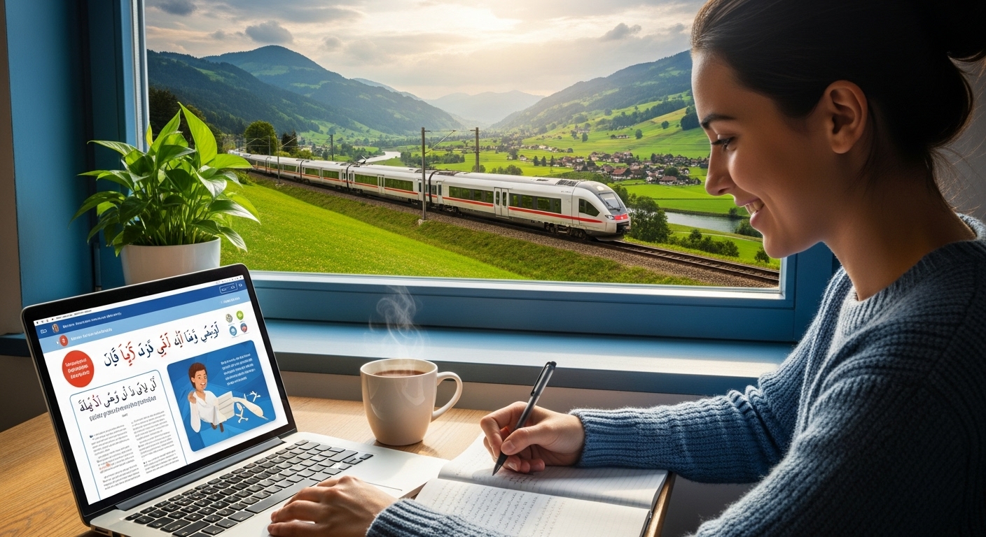 기차 안에서 노트북으로 공부하거나 책을 읽으며 여유를 즐기는 수험생의 모습.