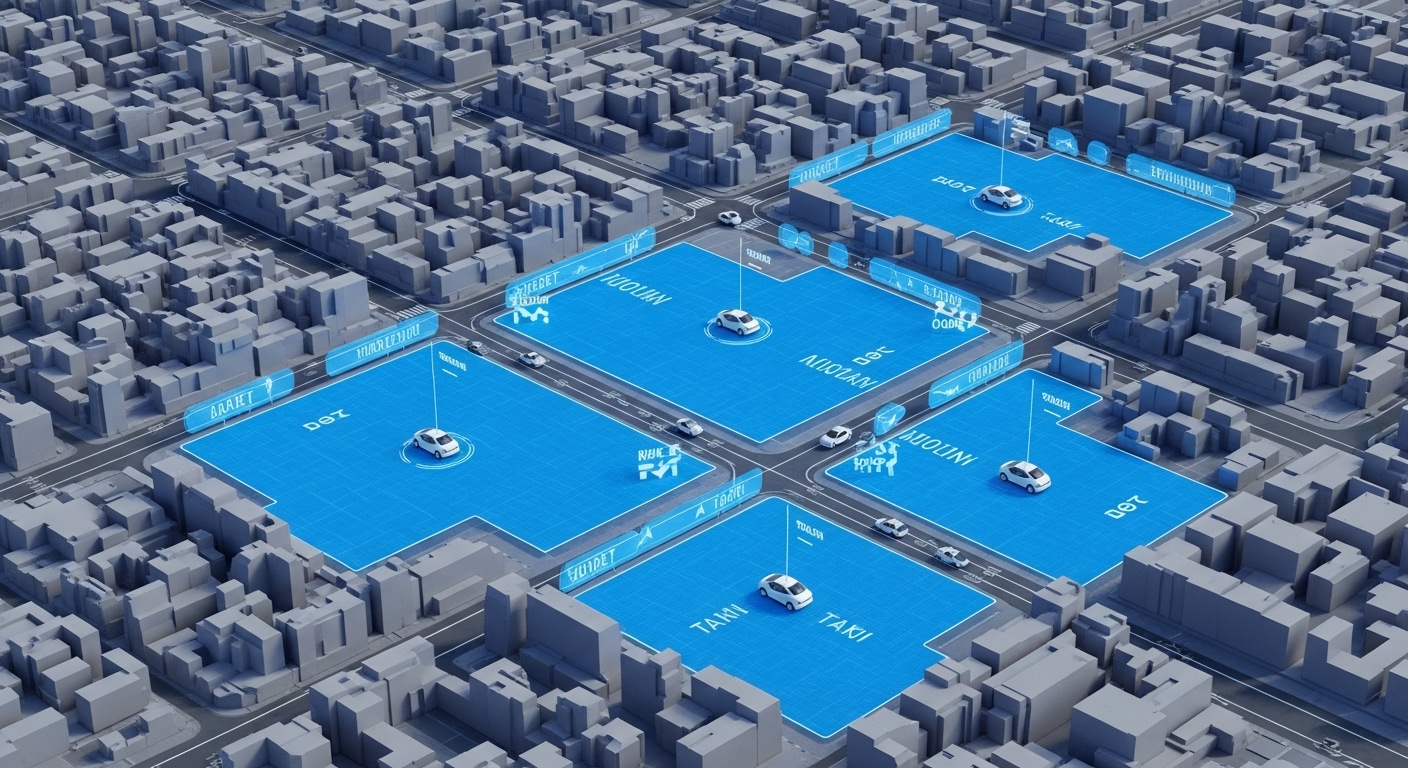 스마트 시티 지도 위에서 자율주행 택시 시범 운행 구역이 파란색으로 표시된 모습. 미래 교통 시스템의 주요 서비스 지역을 보여줍니다.
