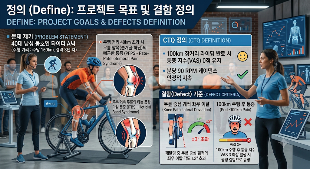사이클 피팅 및 데이터 분석 기반의 프로젝트 정의(Define) 인포그래픽: 동호인 라이더의 무릎 통증(PFPS, ITBS) 문제 제기, CTQ(통증 지수 VAS 0점 및 90 RPM 유지), 페달링 궤적 이탈 결함 기준 설명.