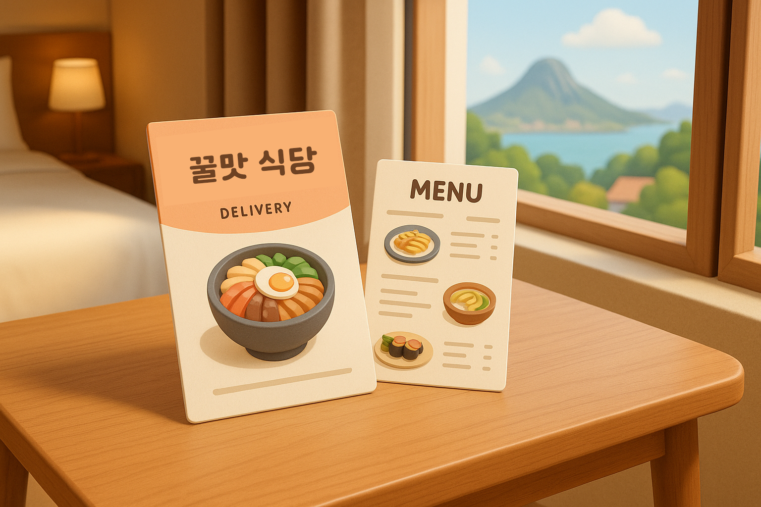 호텔 객실 테이블 위에 깔끔하게 놓여있는 식당 배달 전단지와 메뉴판]