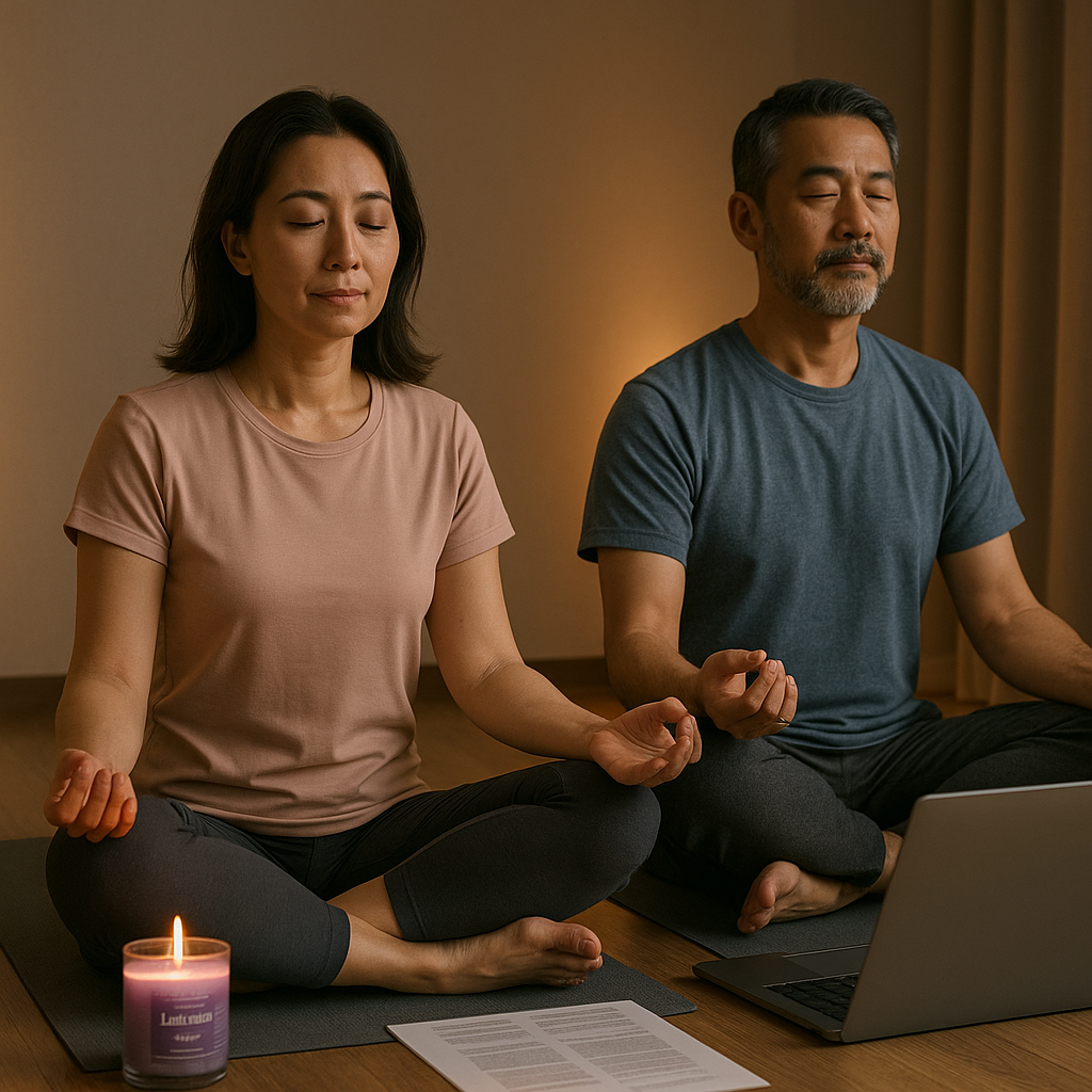 라벤더 향초가 피워진 가운데 요가매트 위에 앉아 명상하는 중년 여성과 남성