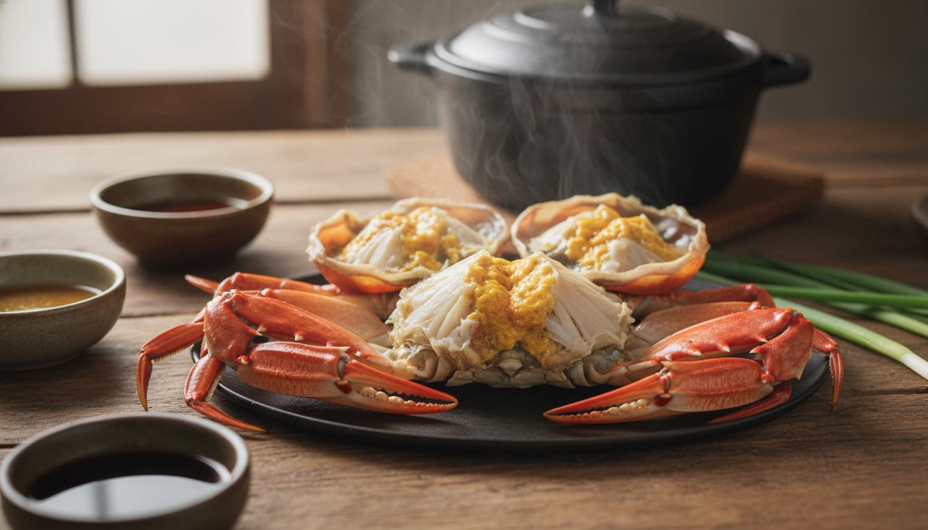 나무 테이블 위에 먹음직스럽게 찐 알배기 암꽃게찜이 놓여있는 모습