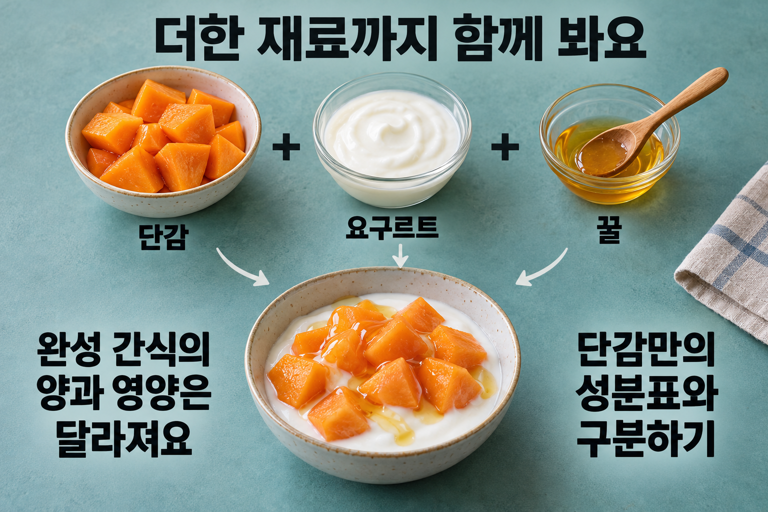 단감&middot;플레인 요구르트&middot;꿀을 각각 놓고 세 재료가 들어간 완성 간식을 보여 주는 실사 그림.