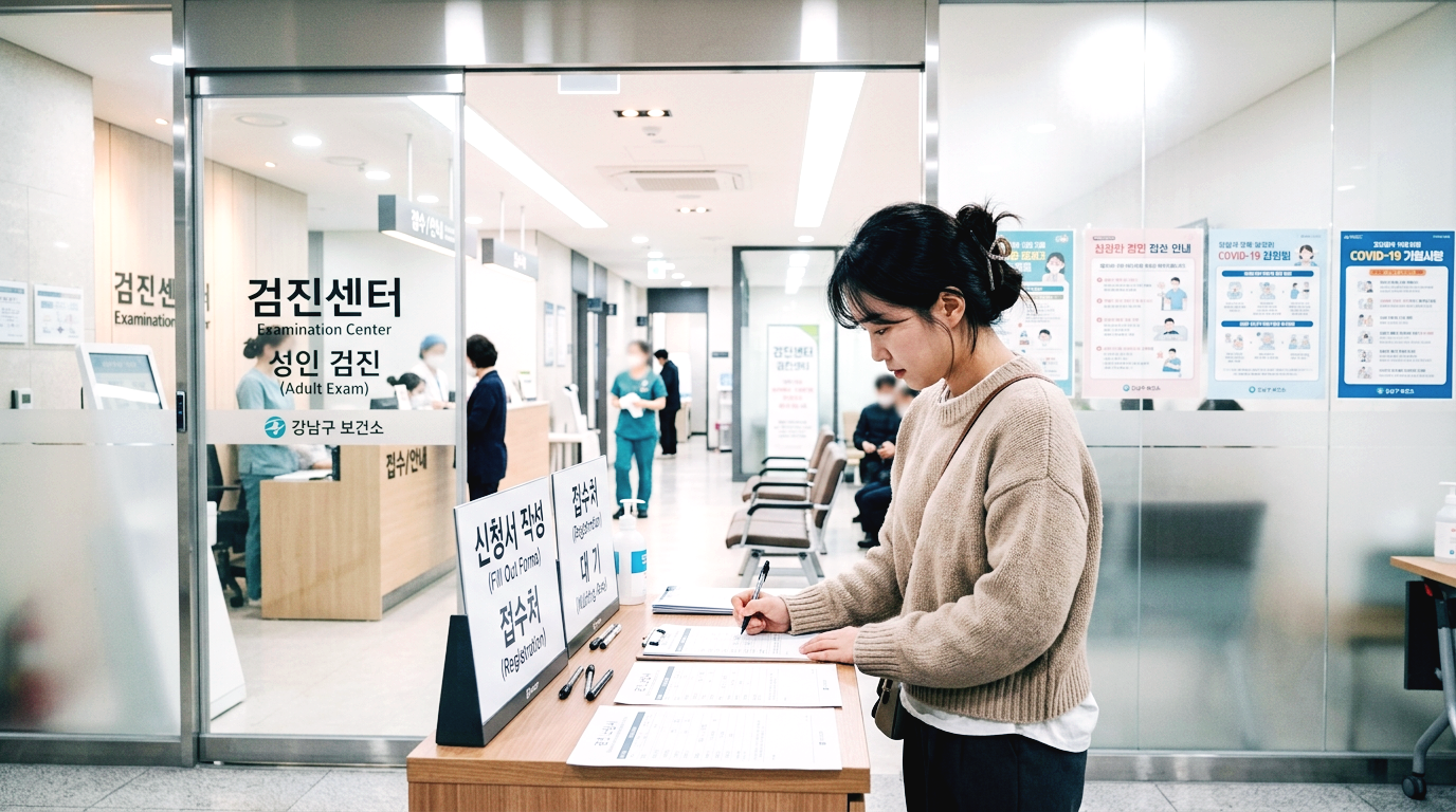 보건소에서 보건증 발급을 위해 신청서를 작성 중인 청년들