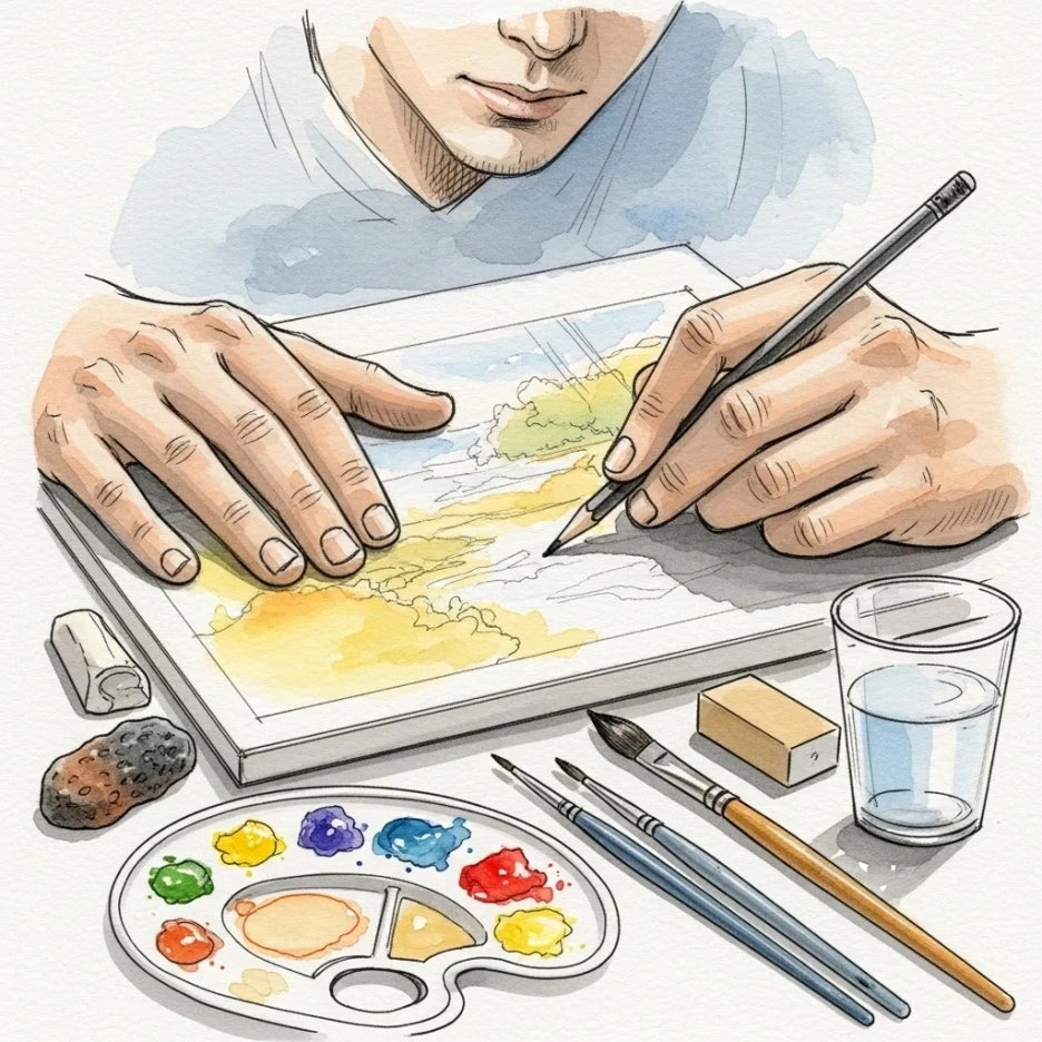 작품을 구상하며 그림을 그리는 작가의 손