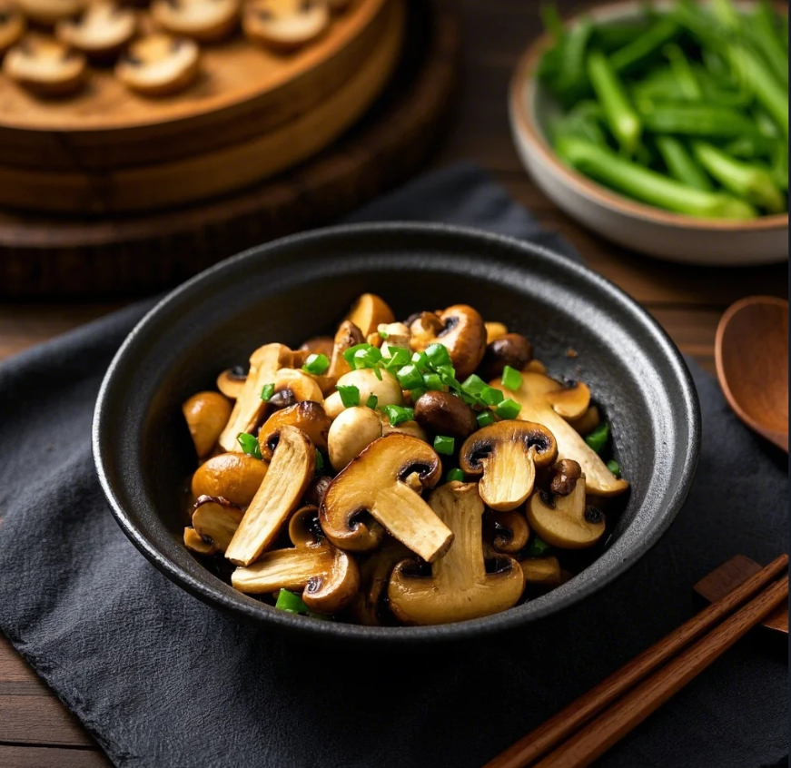 양송이버섯 요리가 담긴 한그릇