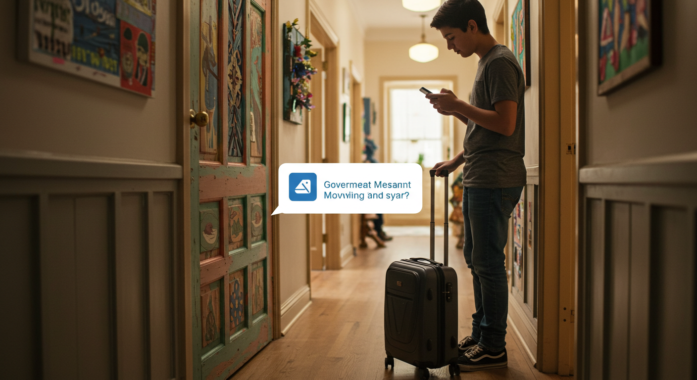 이사 중 정부 문자를 받고 확인하는 장면을 표현한 이미지