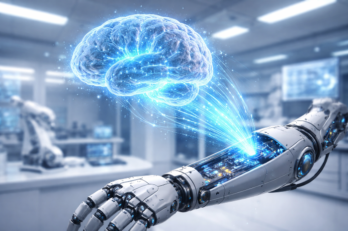 디지털 지능이 물리적 하드웨어로 이식되는 피지컬 AI의 개념도.