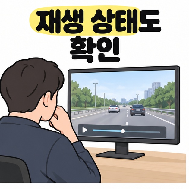재생 상태도 확인 문구 아래 모니터에 표시된 도로 주행 영상과 재생 막대를 살펴보는 성인