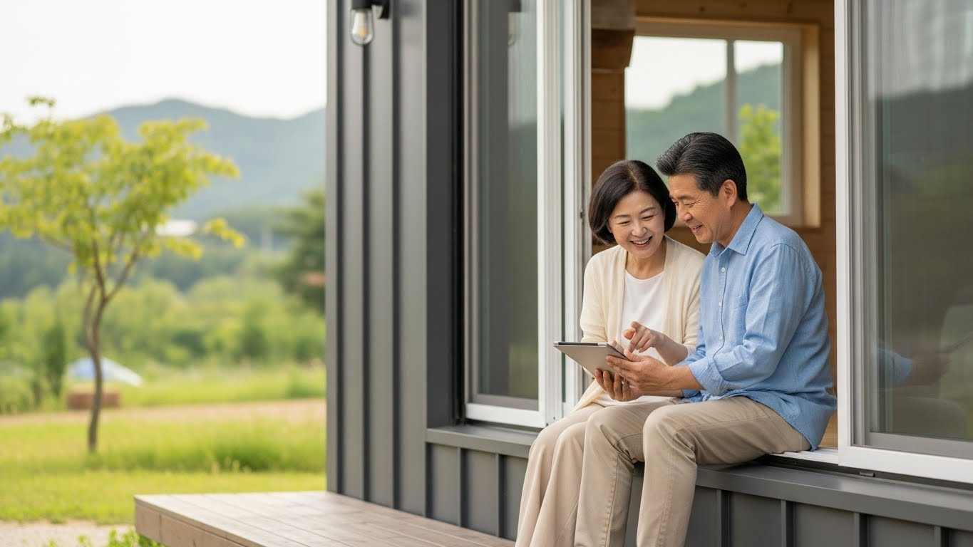 아름다운 세컨드홈에서 태블릿을 보며 행복하게 대화하는 부부의 모습, 공동 명의 투자 계획을 상징.