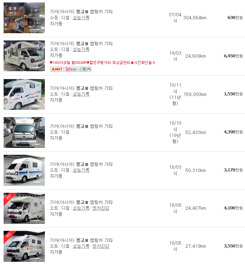 봉고3 캠핑카 중고차 가격