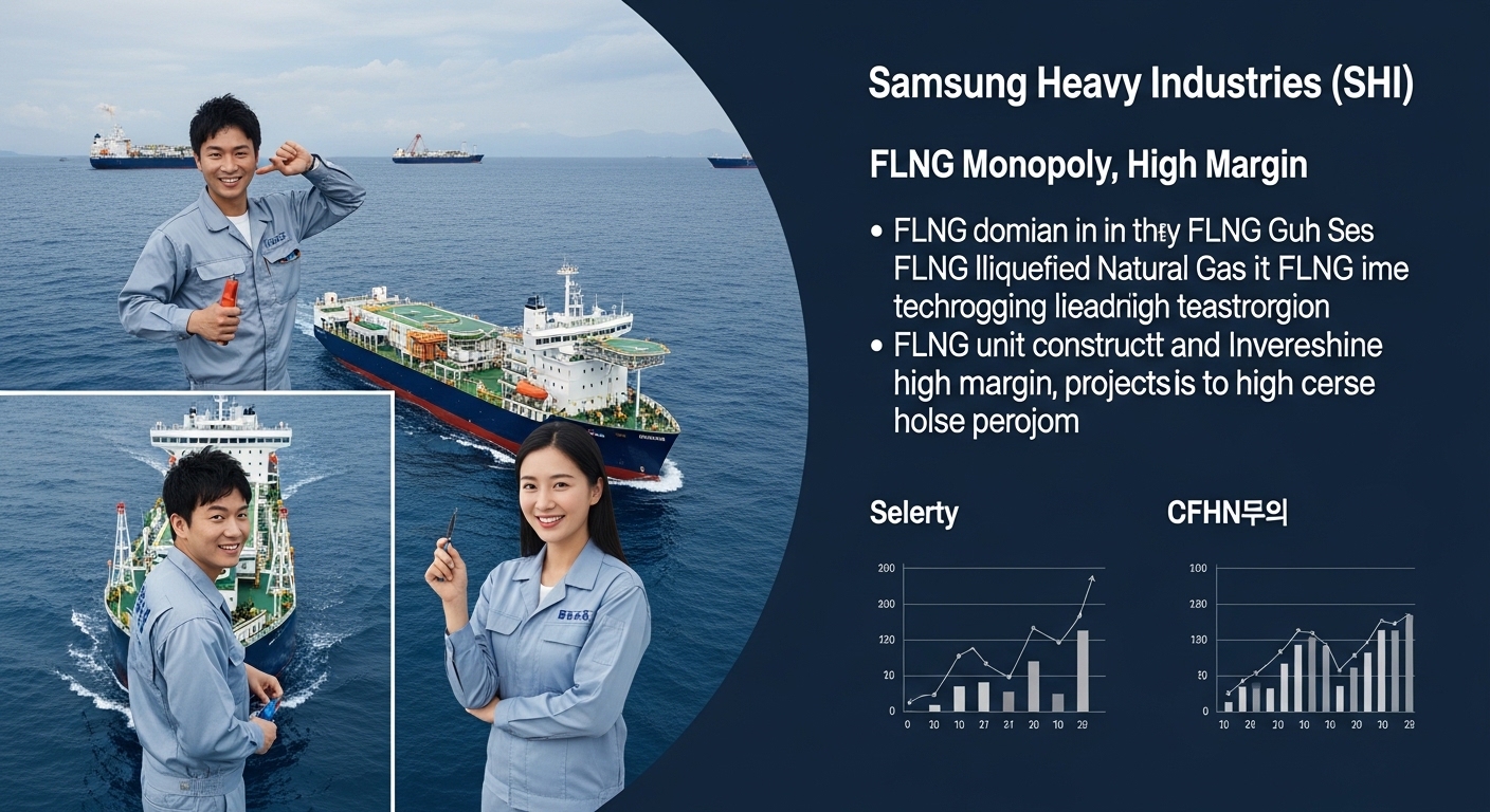 Two-column investment strategy comparison chart for Korean shipbuilding. Left HD Hyundai Mipo (MPC tanker specialist, SHIPS Act beneficiary). Right Samsung Heavy Industries (FLNG monopoly, high margin). Dark navy background, teal accent lines, clean Korean stock analysis infographic.