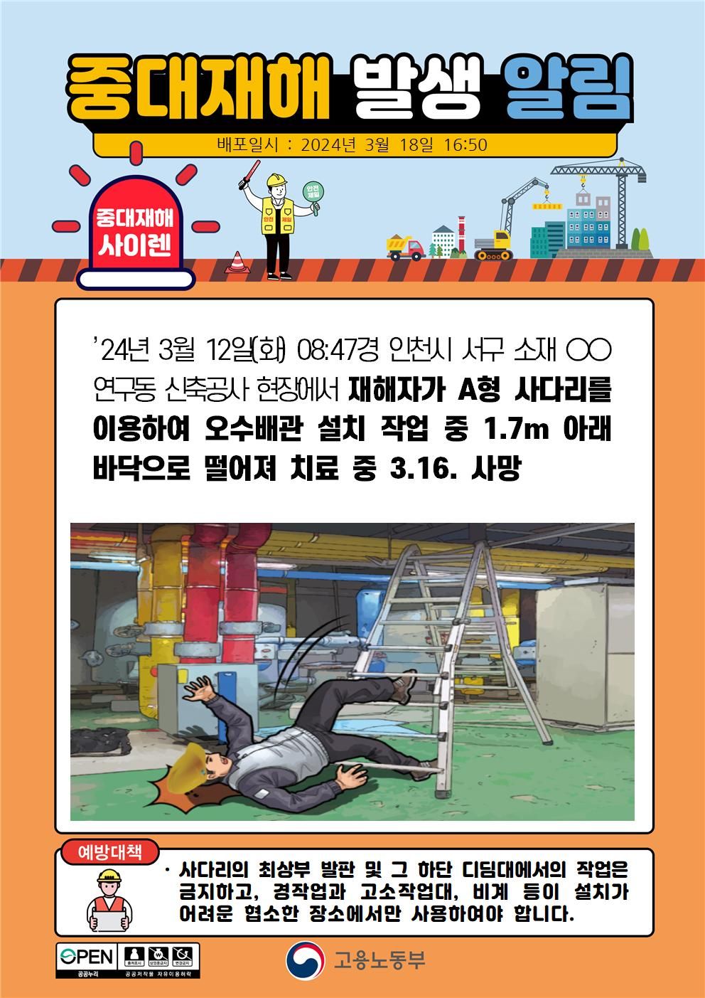 사다리를 이용하여 오수배관 설치 작업 중 떨어짐(1.7m)