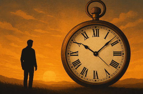 커다란 시계와 홀로 서있는 주인공