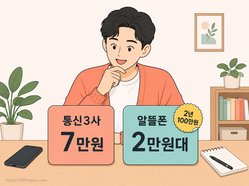 스마트폰 화면에 월 6만원에서 2만원으로 통신 요금 자산이 대폭 세이브되는 변동 그래프 인포그래픽