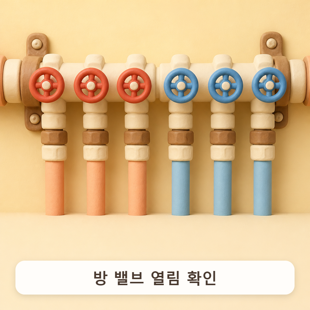 분배기 배관 줄마다 달린 색깔 손잡이 밸브