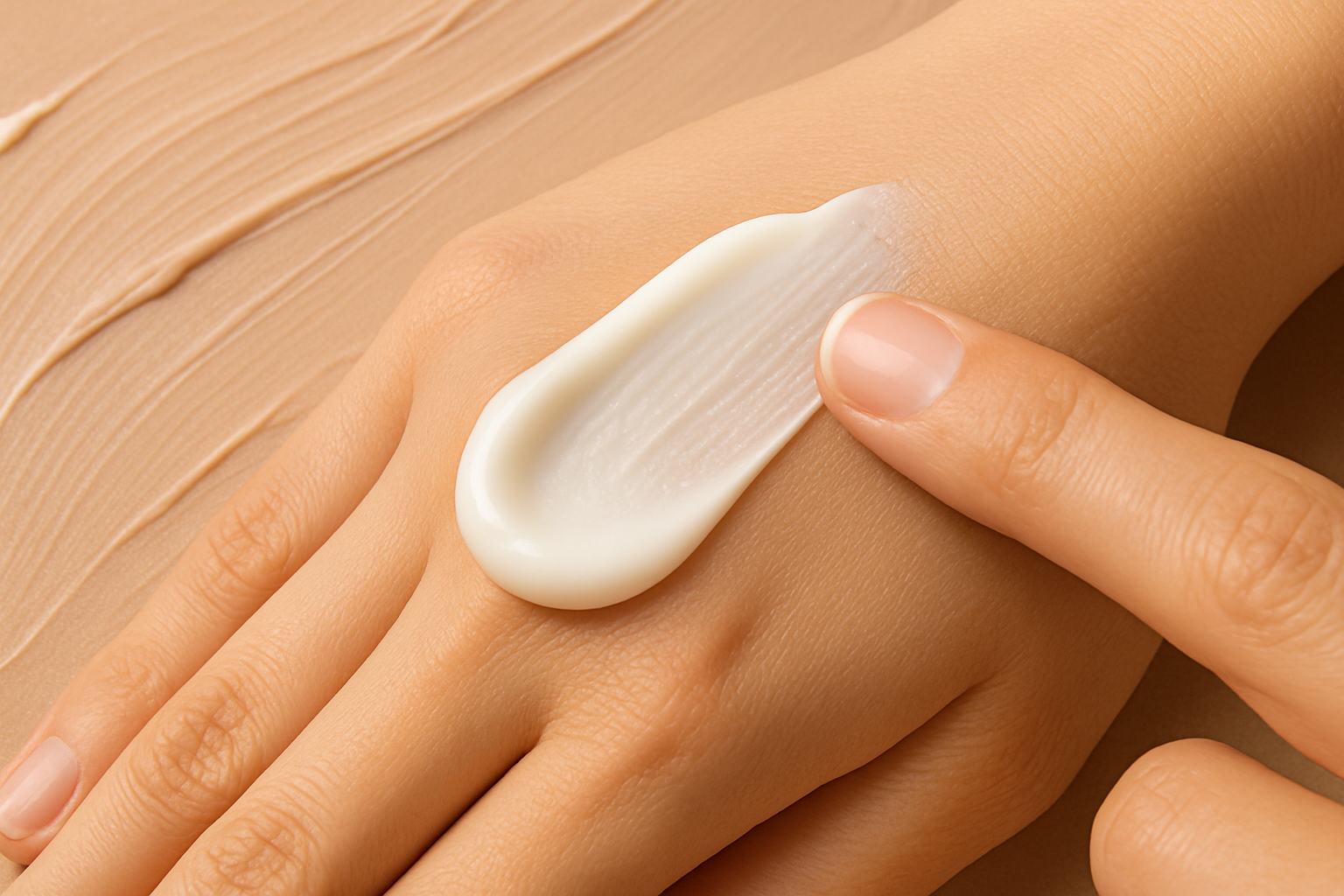 손등에 크림이 부드럽게 펴발리는 이미지