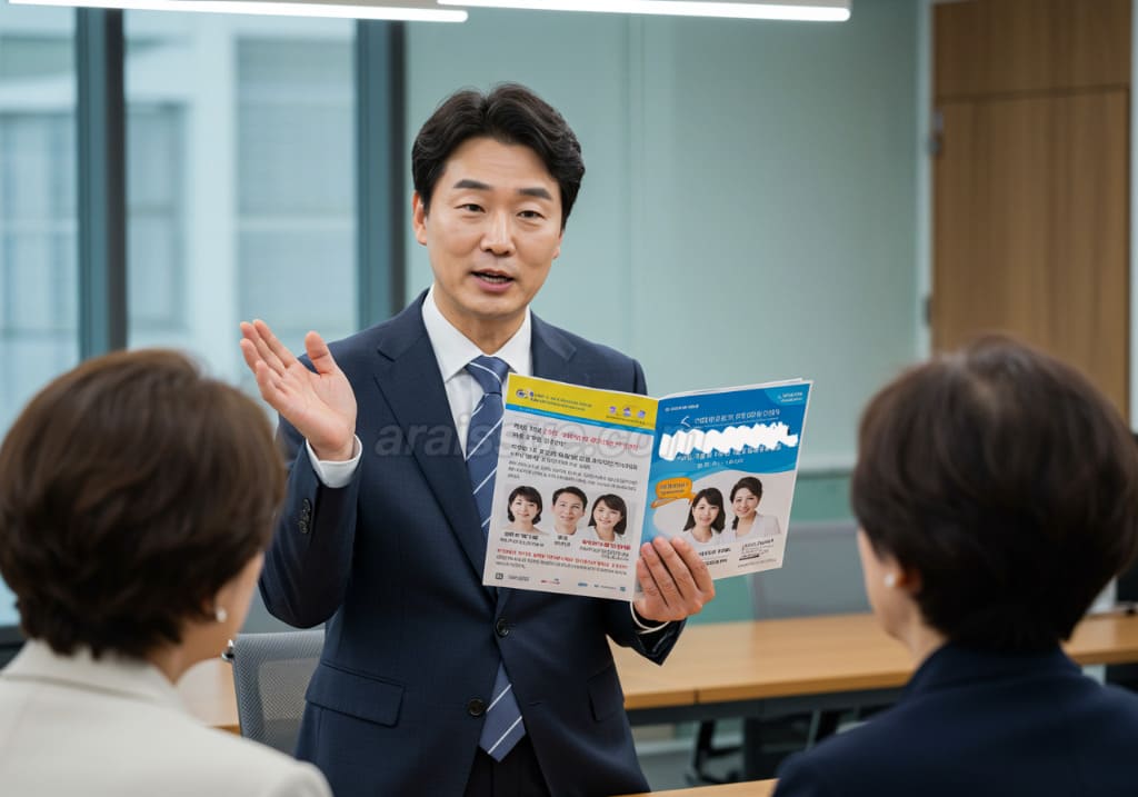 실손보험 보장 범위 확장을 설명하는 보험회사 직원과 이를 듣고 있는 한국 중년 남성 및 여성. 다양한 치료 항목이 아이콘으로 표시된 화면이 배경에 있습니다.