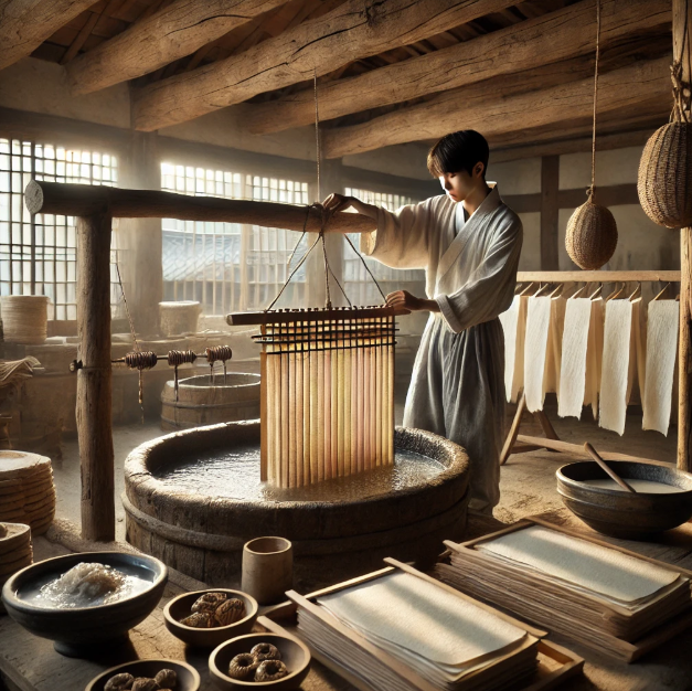 전통 방식으로 종이를 뜨는 장인의 작업 모습