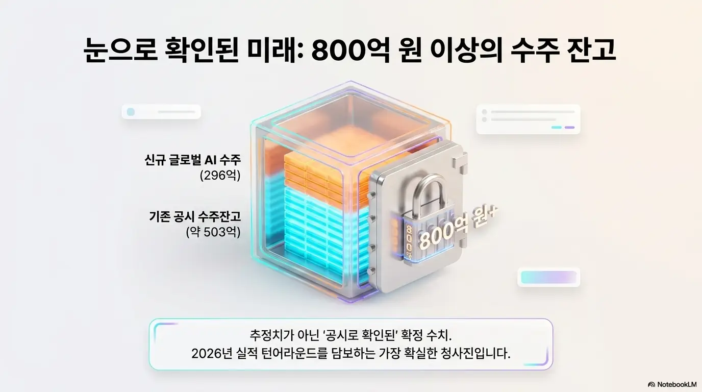 가온칩스 주가 전망: 기존 공시 수주잔고 약 503억과 신규 글로벌 AI 수주 296억을 더한 800억 원 이상의 수주 잔고를 금고로 표현한 가온칩스 인포그래픽. 추정치가 아닌 공시로 확인된 확정 수치라는 점과 2026년 실적 턴어라운드 근거를 시각적으로 전달하며&amp;#44; 가온칩스 수주잔고를 설명함. 