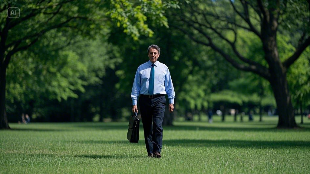 A man is walking in the park.