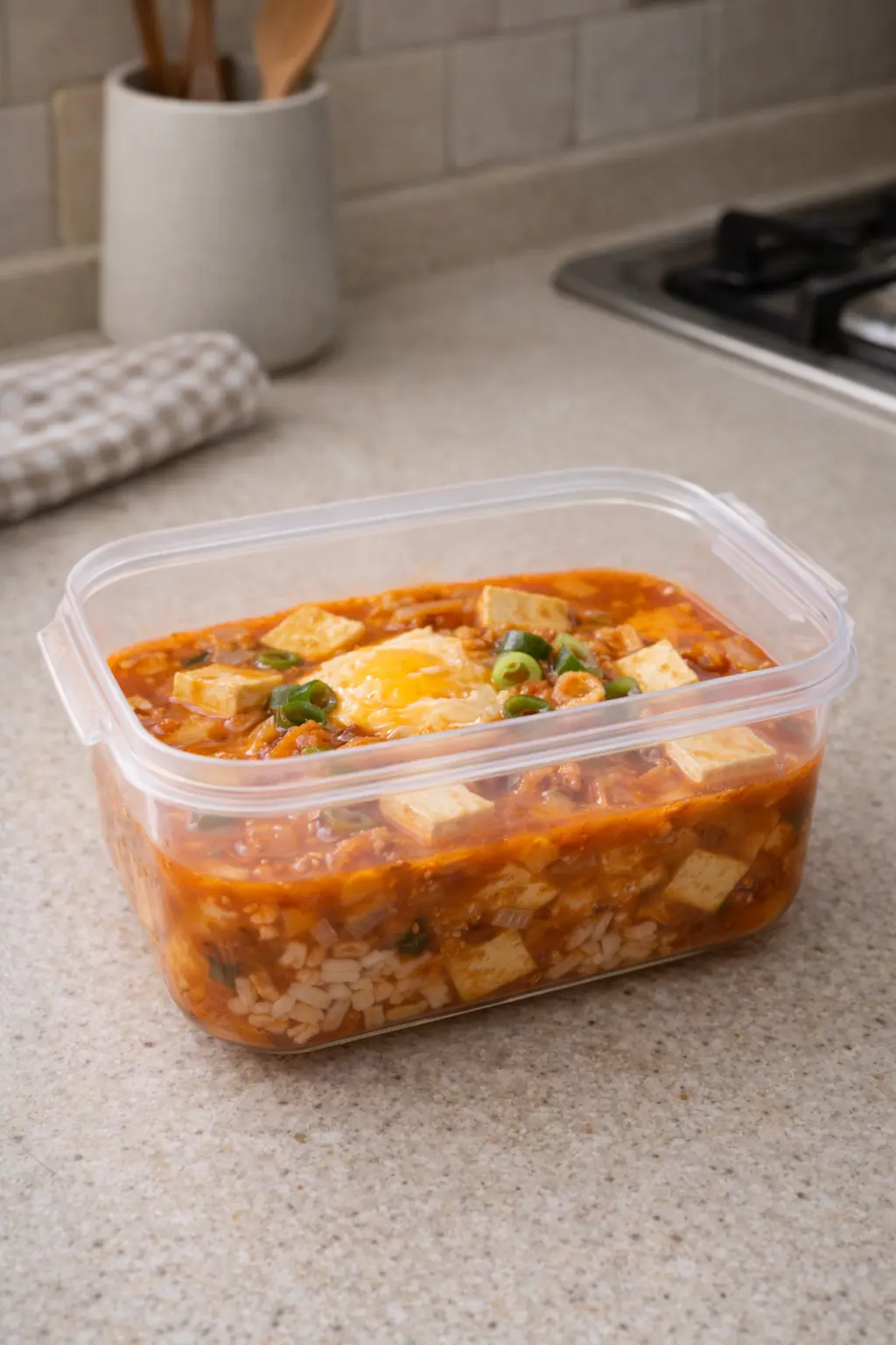 식힌 김치두부국을 밀폐용기에 담아 냉장 보관하는 소분 모습