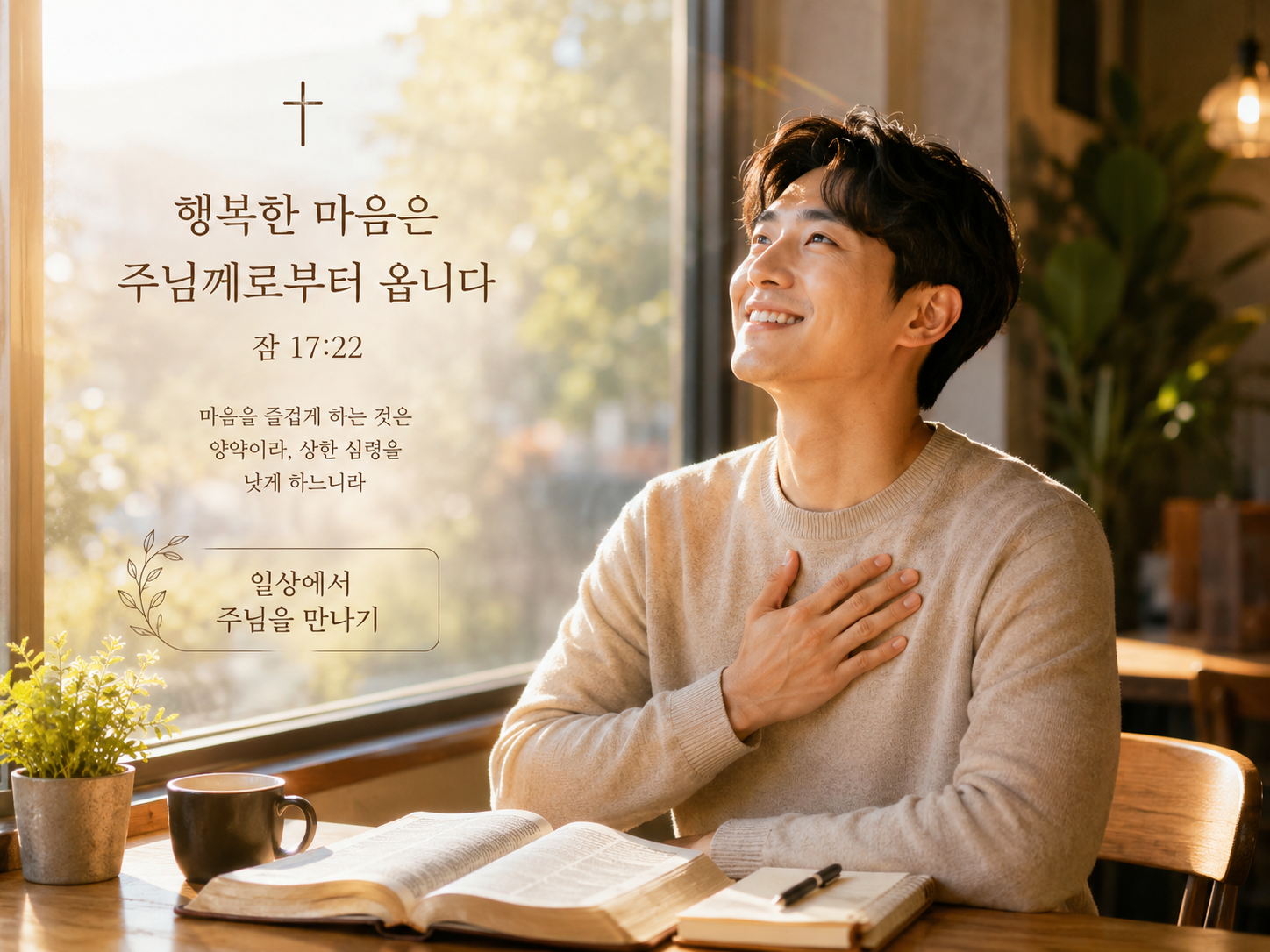 잠17:22 말씀에서 내게 가장 좋은 것은 행복한 마음입니다. 그것은 세상에서 오는 것이 아니라 오직 천지를 주관하시고 생명을 주관하시는 하나님께로부터 오는 것입니다. 행복한 마음을 주님께로부터 오는 깊은 묵상 가운데 행복한 마음을 가질 수 있도록 일상에서 주님을 만나려는 시도를 하는 모습입니다.