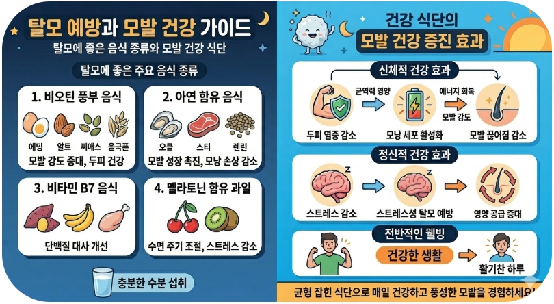 탈모에 좋은 음식 종류와 모발 건강 식단을 설명하는 이미지