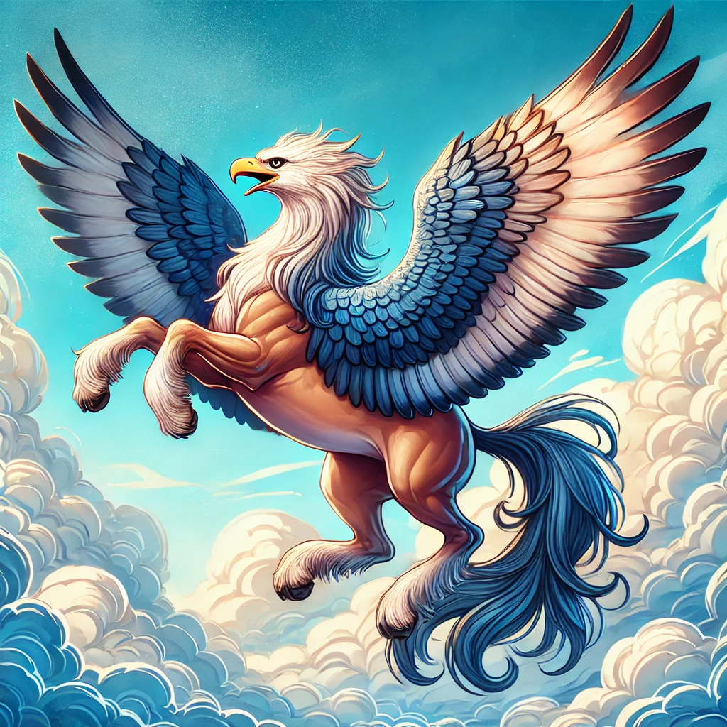 히포그라프가 파란 하늘을 날며 독수리와 말의 특징을 모두 드러낸 모습