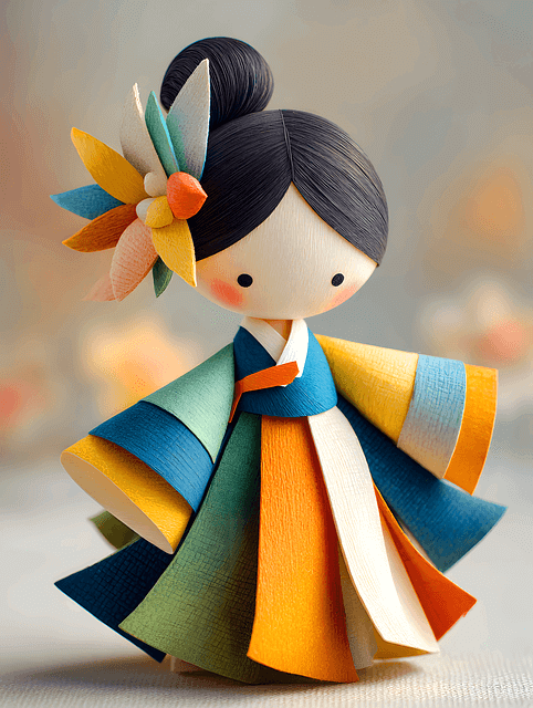 남색 저고리를 입고 오색 색상으로 만들어진 치마를 입은 처녀를 표현한 인형이다. 머리는 하나로 올려 묶었다.