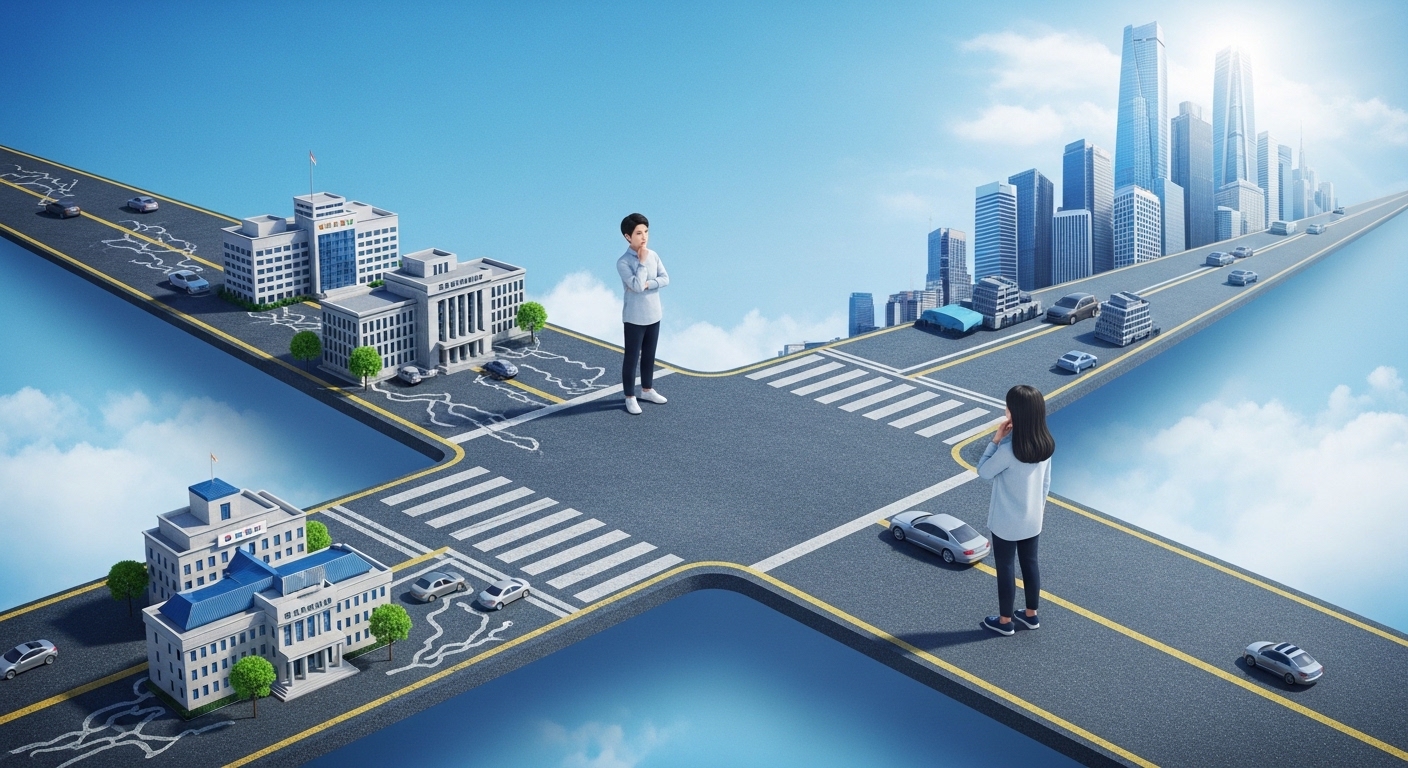 청년도약계좌 특별중도해지를 고민하며 두 가지 금융 경로 앞에서 고민하는 청년의 모습.