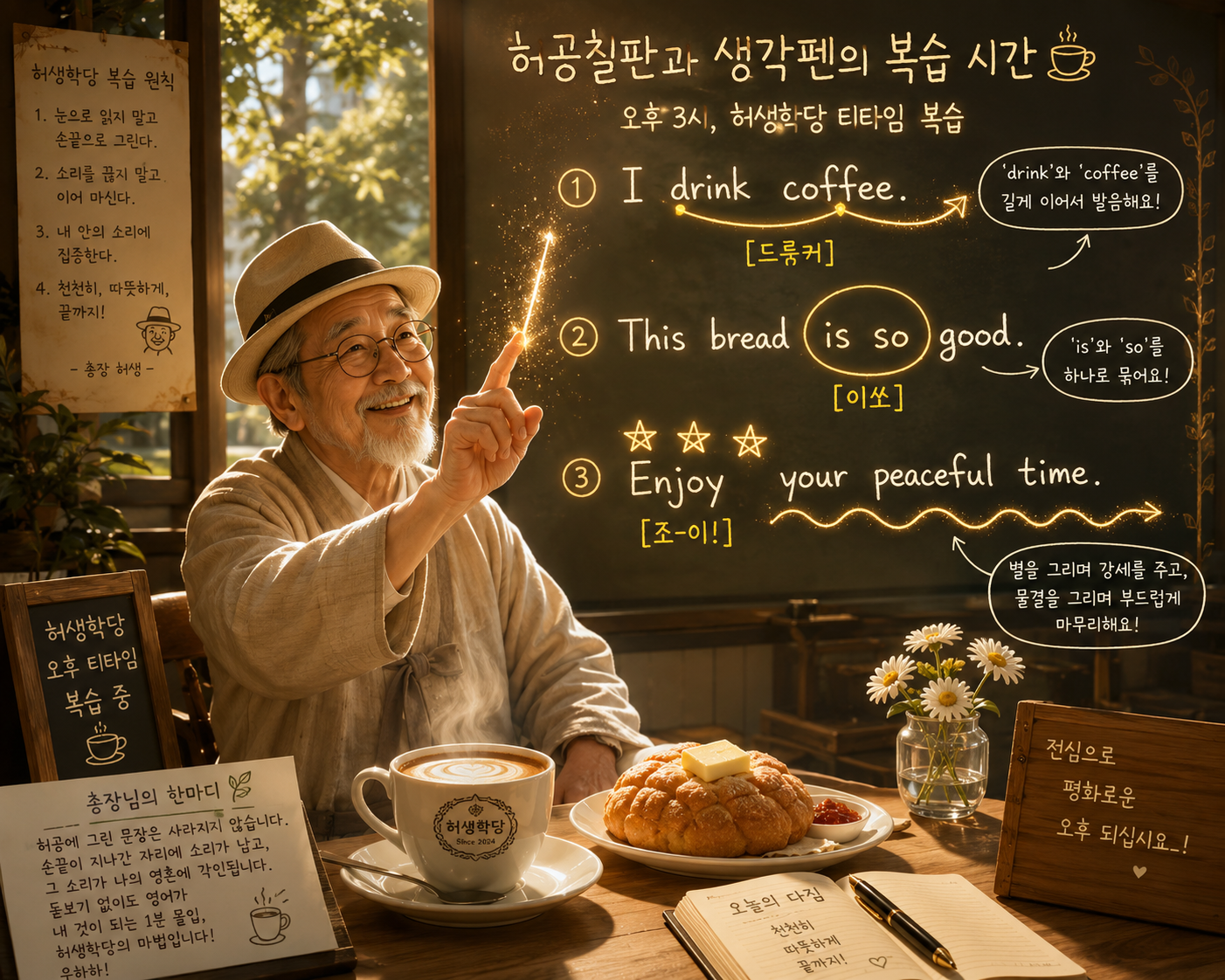 허공칠판에 영어 문장을 그리며 오후 티타임 복습을 하는 따뜻한 분위기의 어르신 모습