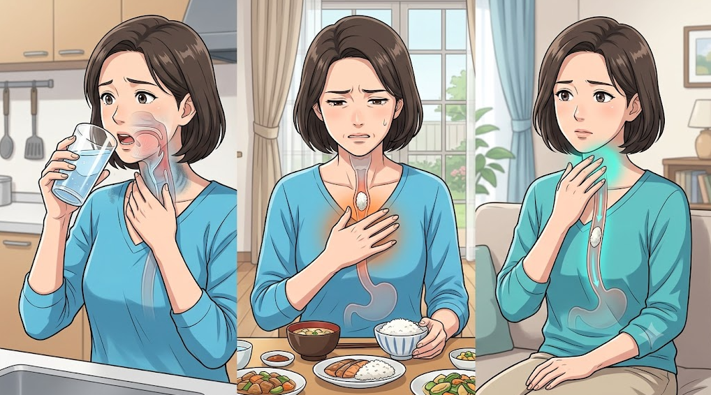 물 마실 때 사레, 음식을 삼킨 후 가슴 걸림, 목 이물감의 세 가지 삼킴 곤란 상황을 비교하는 메디컬 일러스트