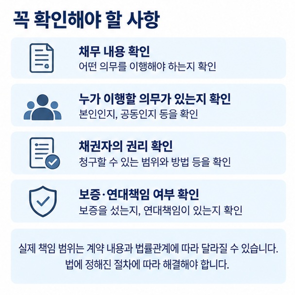 채권추심에서 채무의 내용과 의무자, 보증 여부를 확인하는 과정을 보여주는 이미지