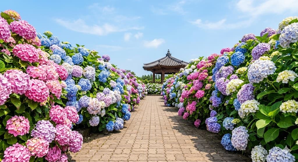 A breathtaking view of colorful hydrangeas in full bloom at Hueree Natural Living Park in Jeju Island, showcasing pink, blue, and purple flowers.