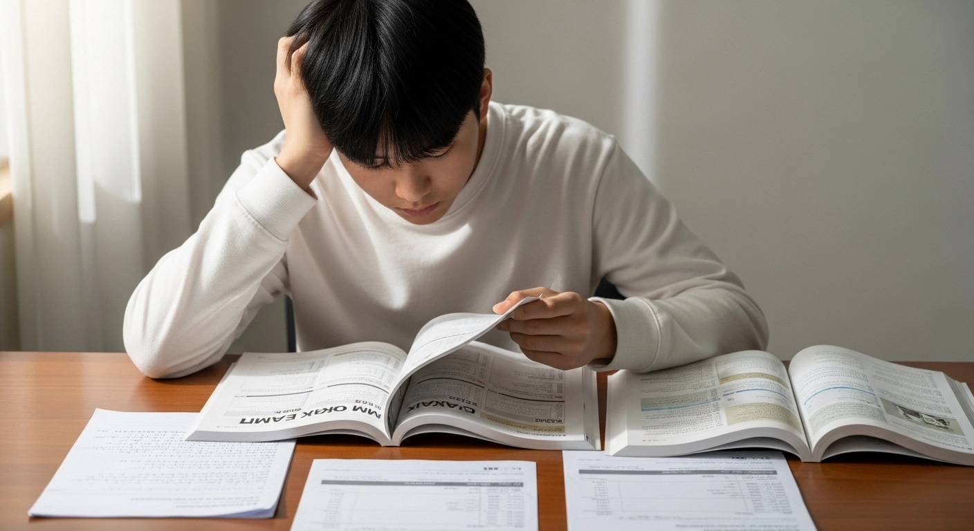책상에 앉아 모의고사 문제집을 풀고 있는 장면