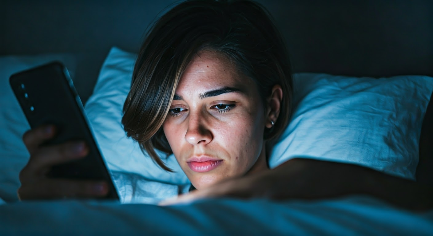 어두운 방에서 스마트폰을 보는 여성