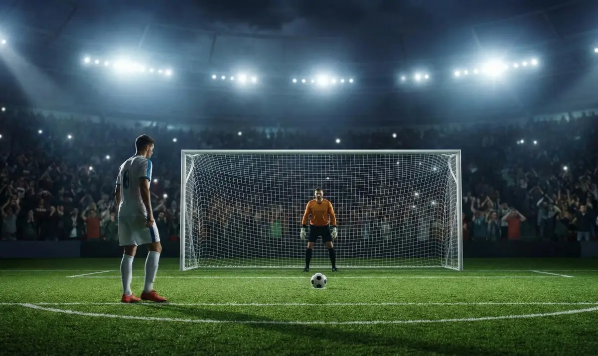 긴장된 순간 골라인을 지키고 있는 골키퍼와 페널티킥을 준비하는 키커