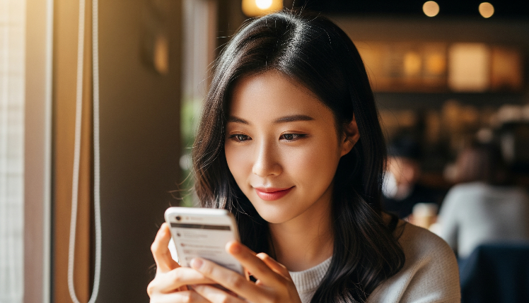 핸드폰으로-카카오페이-퀴즈를-풀고-있는-여성