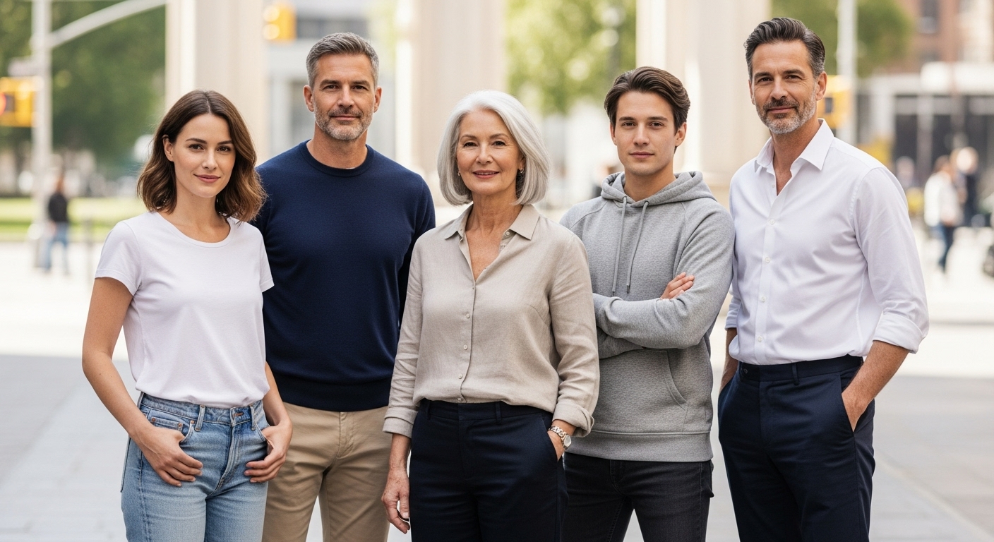 다양한 연령대의 사람들이 무지 티셔츠와 기본 바지 등 로고 없는 유니클로 스타일의 편안하고 실용적인 기본 의류를 입고 있는 모습