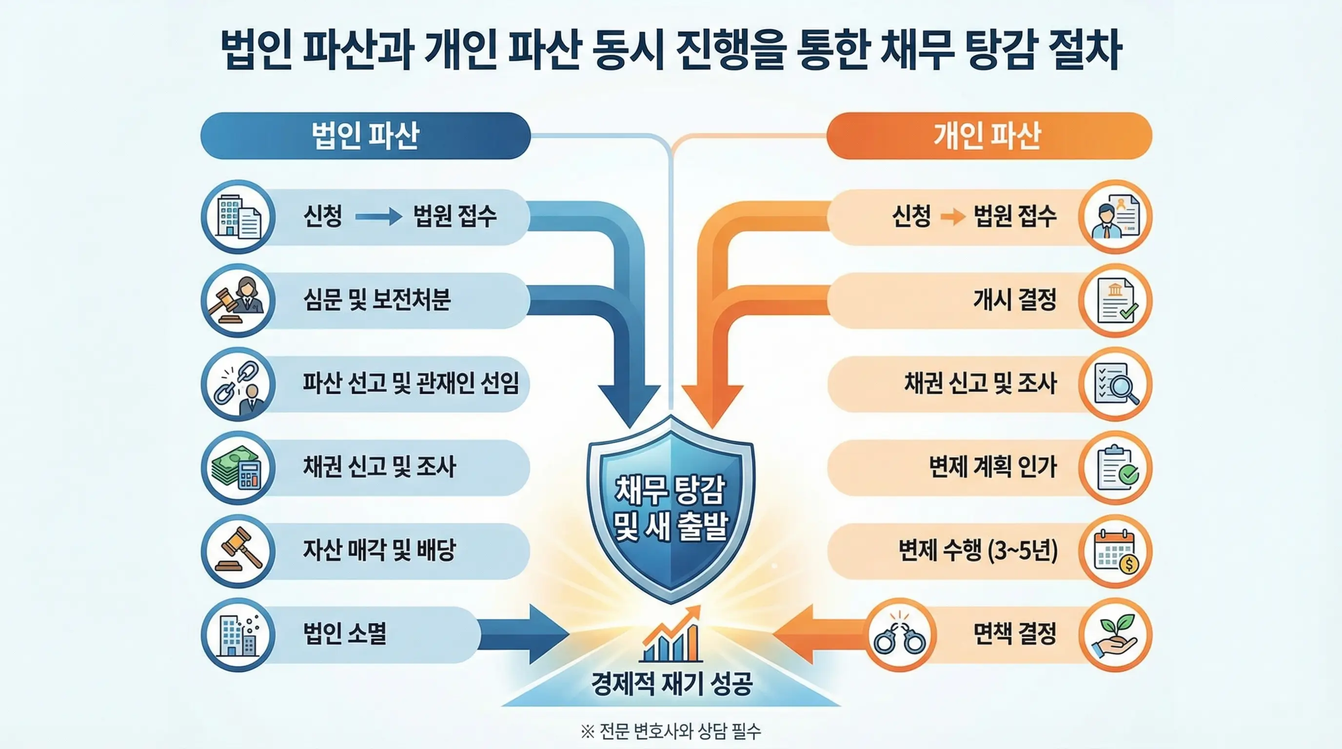 법인 파산과 개인 파산을 동시에 진행하여 채무를 탕감받는 절차를 설명하는 인포그래픽
