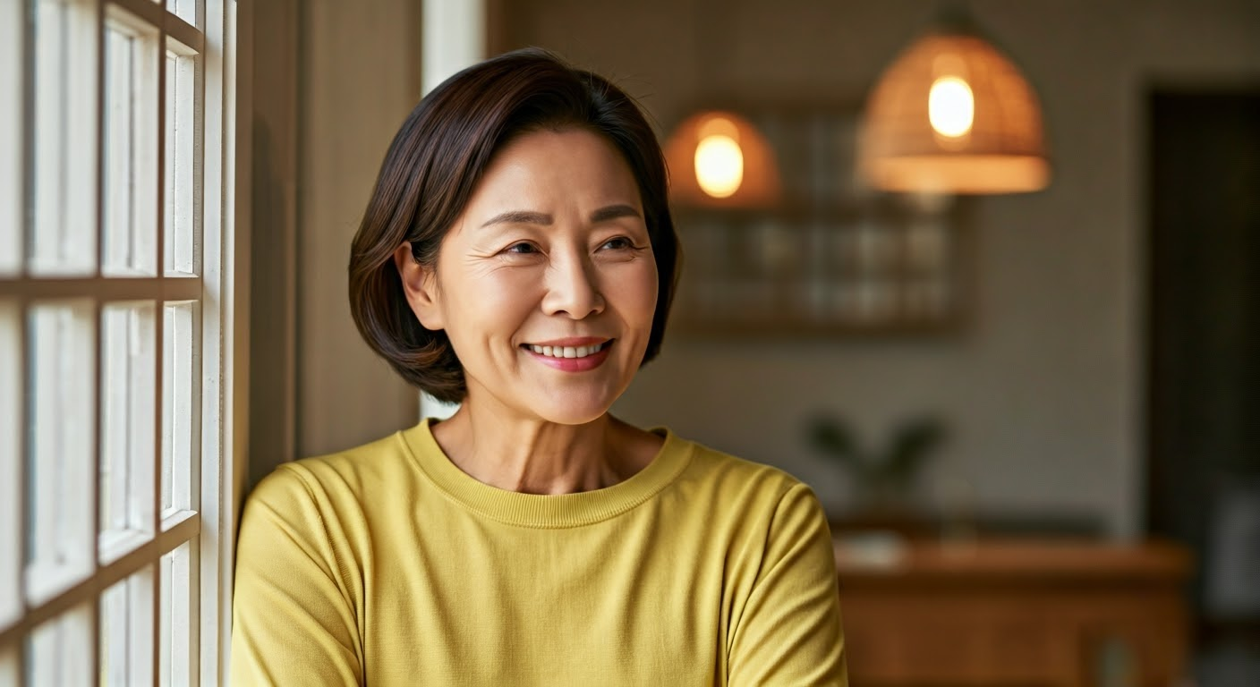 50대 여성이 갱년기 극복하고 환하게 웃고있는 이미지