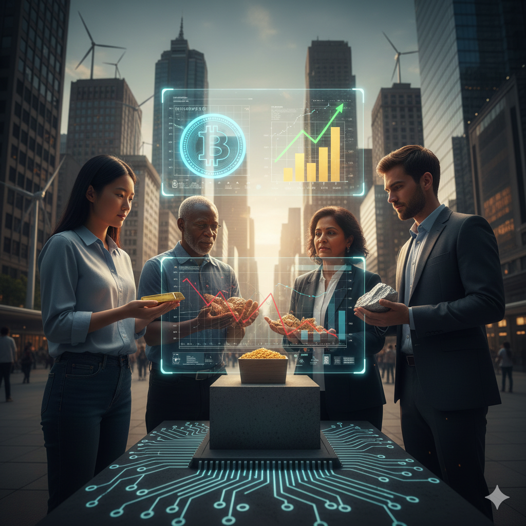 다양한 인종의 전문가들이 도시 전경 속에서 홀로그램 테이블 위 비트코인 차트와 금, 곡물, 암석을 들여다보며 논의하는 미래적 장면