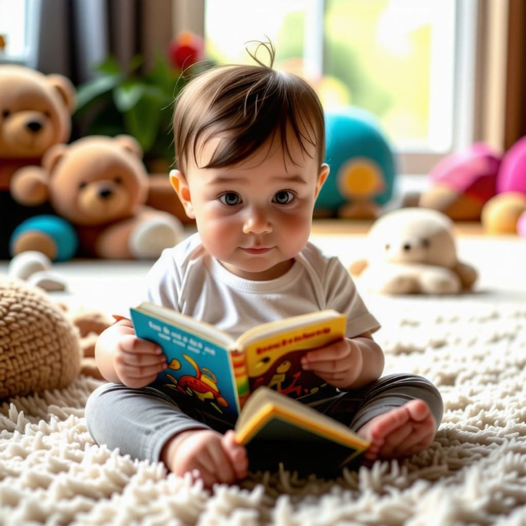 책을 읽는 아기: 아기가 혼자서 그림책을 보고 있는 모습, 아기의 표정이 호기심 가득한 장면.