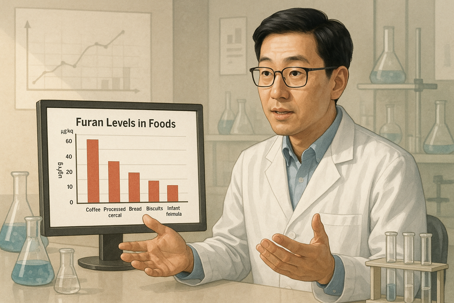 퓨란에 대해 설명하는 연구자 일러스트