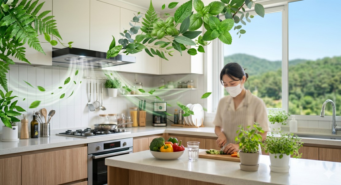 폐 건강과 깨끗한 공기를 상징하는 초록색 잎사귀와 주방의 합성 이미지