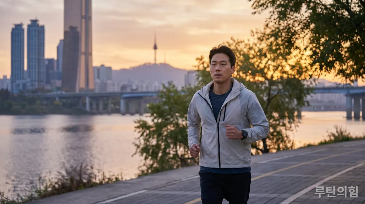 한강변에서 아침 조깅을 하는 한국 남성