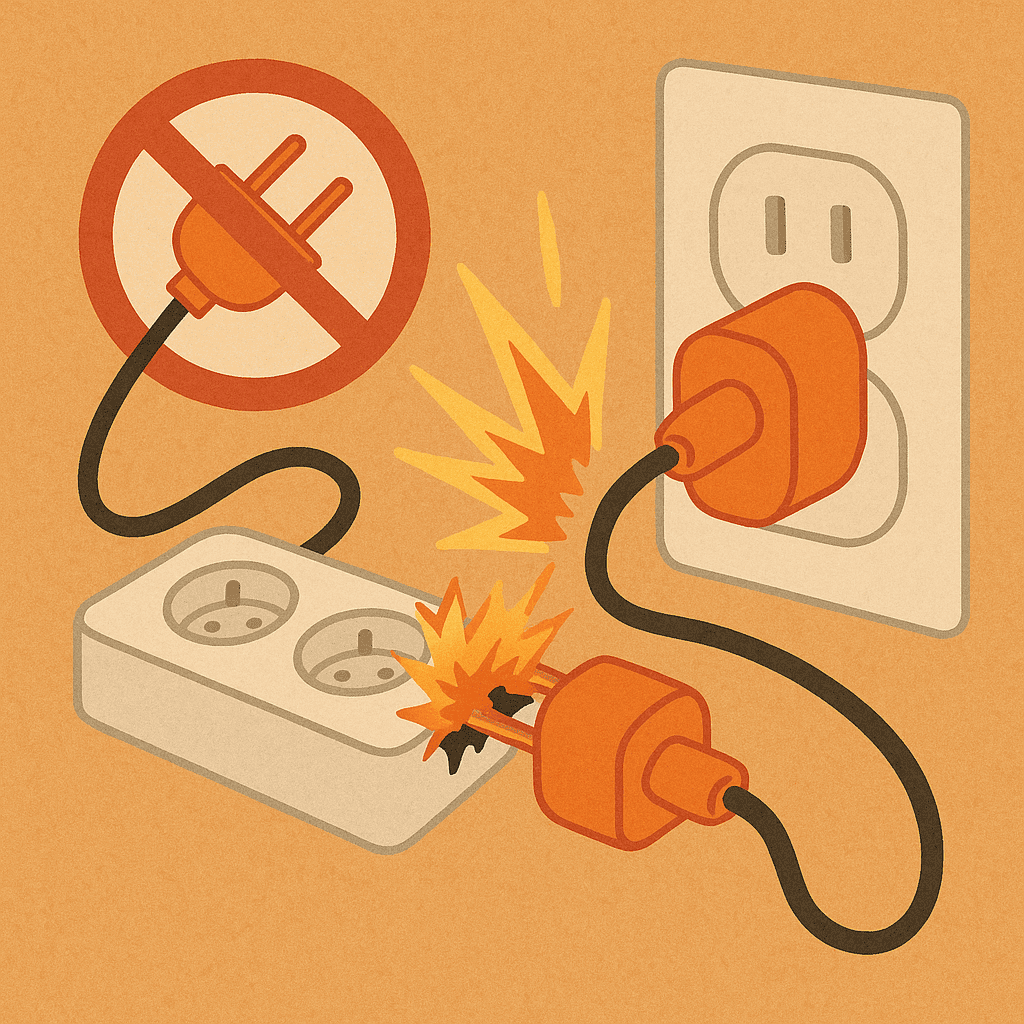 멀티탭에-연결된-주황색-플러그가-불꽃을-일으키며-과열되고-있고-옆에는-주의-표시가-그려진-원형-금지-마크가-함께-표시되어-있으며-반대쪽에는-같은-기기가-벽면-콘센트에-안전하게-연결되어-있는-장면을-따뜻한-톤의-일러스트로-표현함