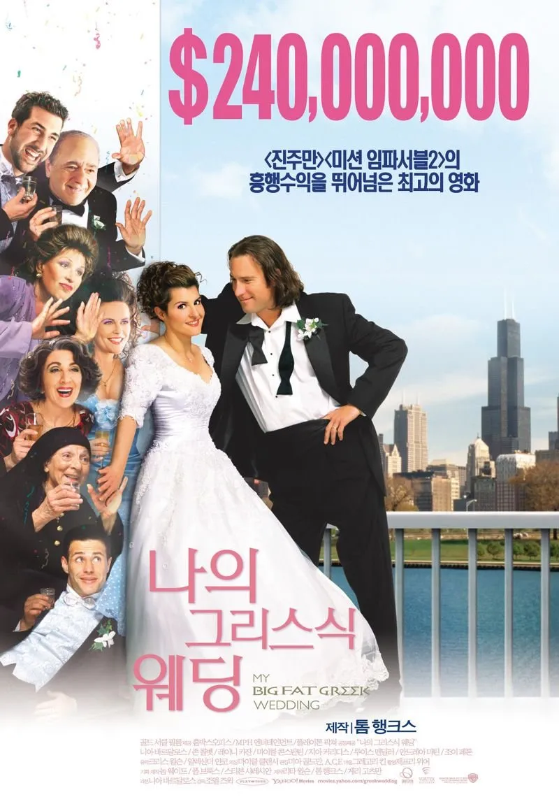 나의 그리스식 웨딩 메인포스터 웨딩복을 입은 주인공들이 가족에게 둘려 쌓여 있는 모습