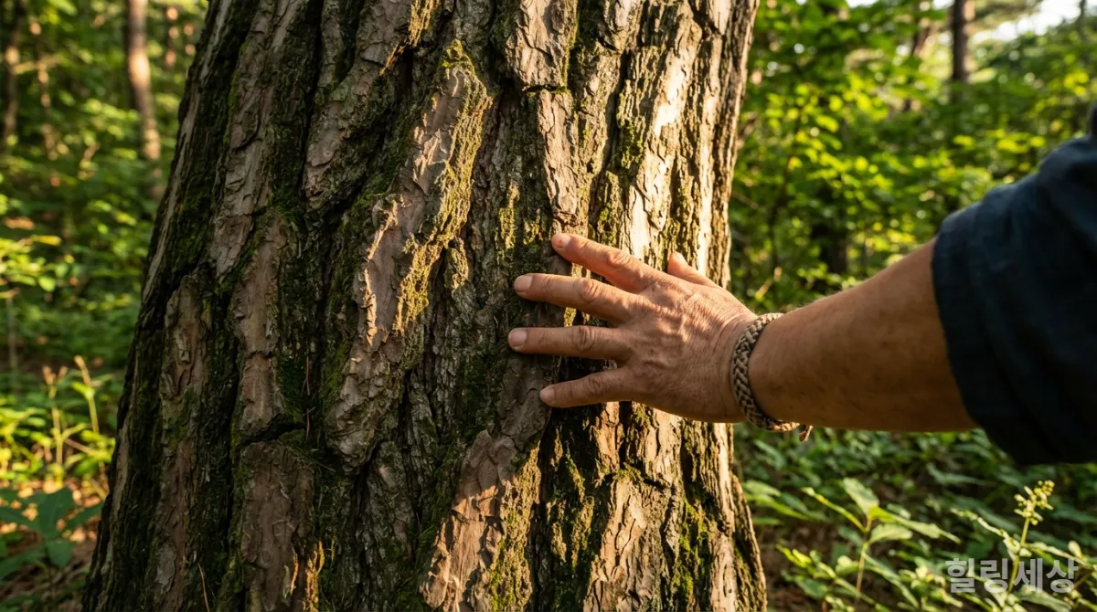 숲속 나무의 거친 껍질을 만지는 손